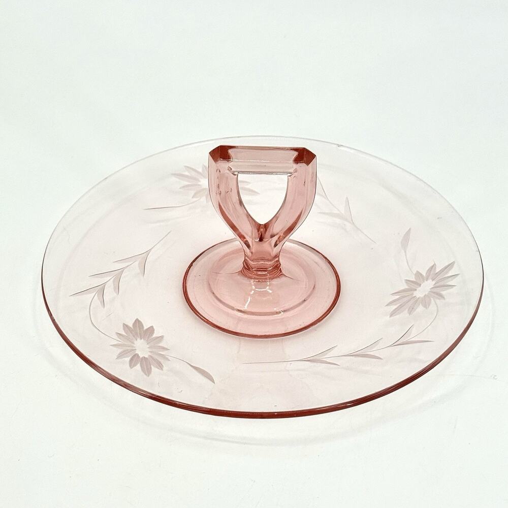 Antique Pink Elegant Center Handle Tidbit Snack Plate Tray Depression Glass